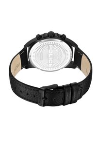 Juodas odinis laikrodis su sidabriniu apvaliu cazu, kuriame yra "POLICE" ženklas ir tekstūruota fono. Šiame laikrodyje yra trys juodi chronografo mygtukai.