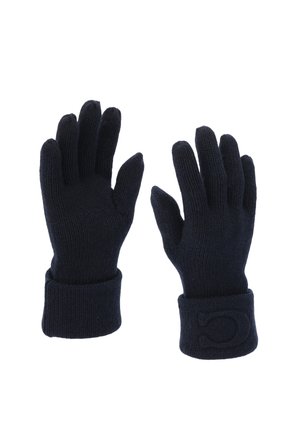 Navy blue knitted gloves with ribbed cuffs. Features fitted fingers and a textured surface. Cuff has a raised letter "C" accent.