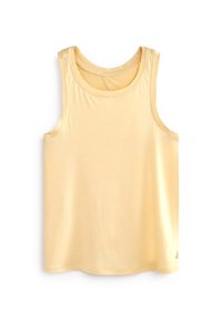 Camiseta sin mangas de color amarillo claro, hecha de tela suave, con un escote redondo y amplias sisas, dobladillo curvado y detalles de costura mínimos.