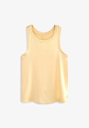 Camiseta sin mangas de color amarillo claro, hecha de tela suave, con un escote redondo y amplias sisas, dobladillo curvado y detalles de costura mínimos.