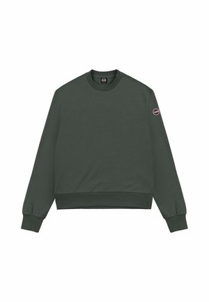 Sötétzöld hosszú ujjú, kerek nyakú pulóver bordázott mandzsettákkal és szegéllyel, kis kerek logóval az ujjon.