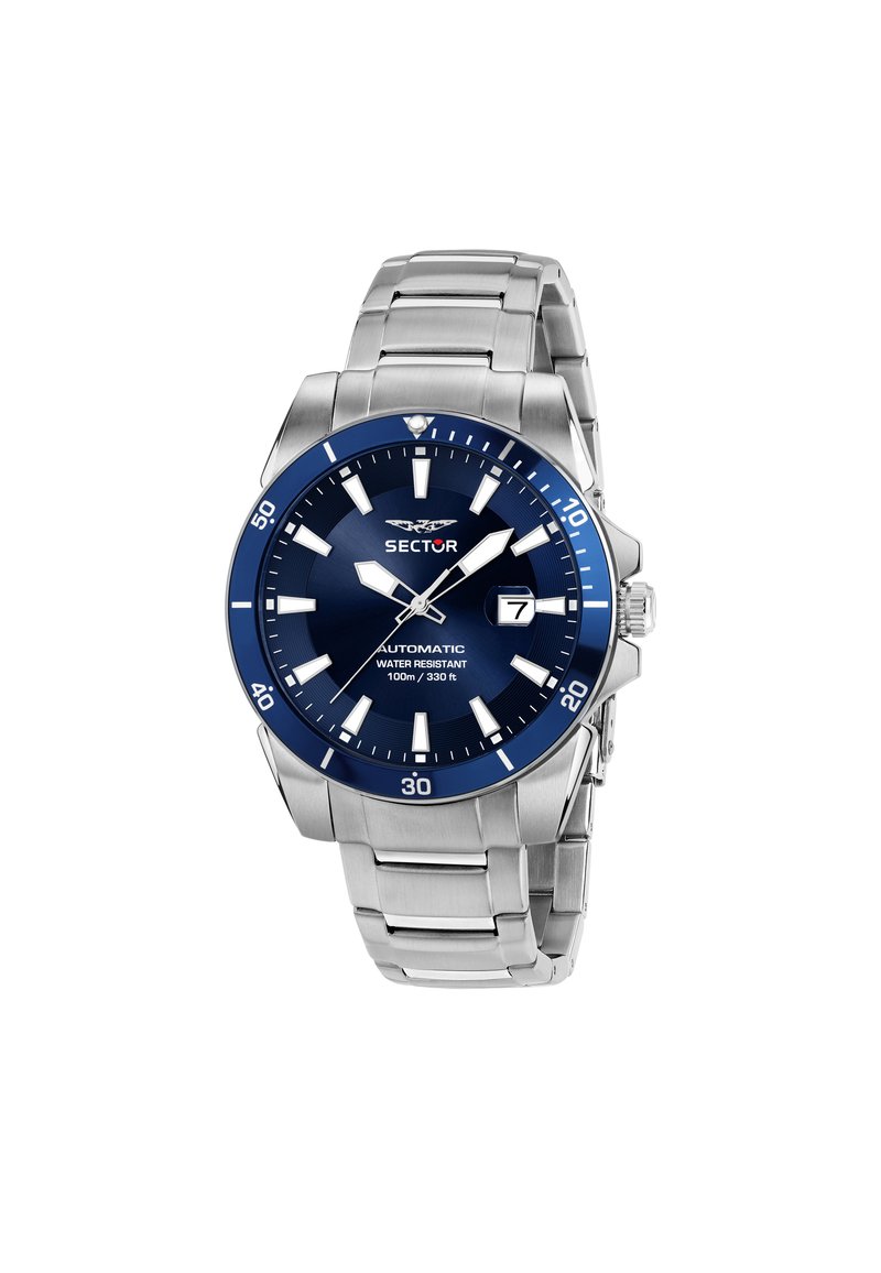 Montre automatique en acier avec un cadran et une lunette bleus. Comprend un affichage de la date, des index des heures luminescents et un bracelet en acier inoxydable. Résistante à l'eau jusqu'à 100 m.