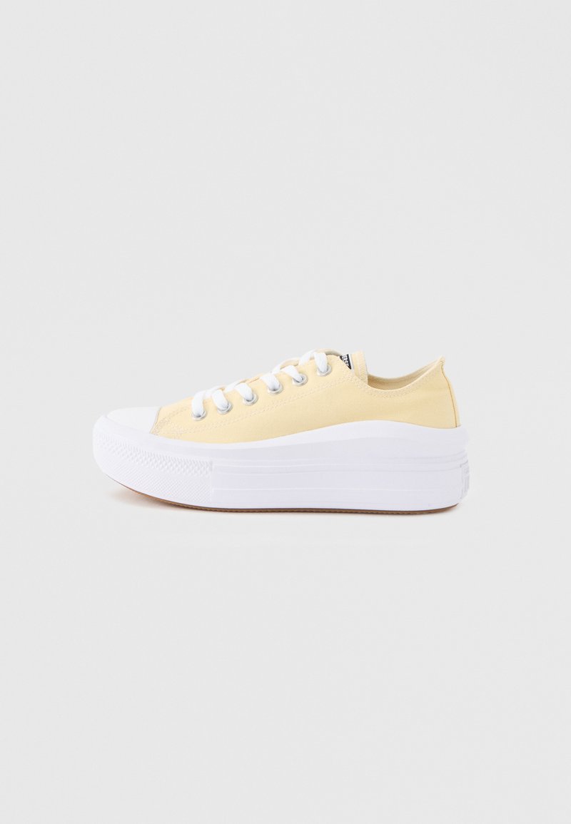 Πλατφόρμα αθλητικού παπουτσιού με παστέλ κίτρινο πανί επάνω μέρος, λευκή λαστιχένια μύτη, παχιά λευκή σόλα και λευκά κορδόνια, σε πλάγια όψη σε λευκό φόντο.
