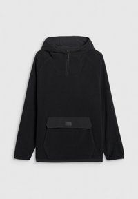 Sweat à capuche noir en tissu doux, avec une fermeture éclair à moitié, une grande poche avant et un design minimaliste.