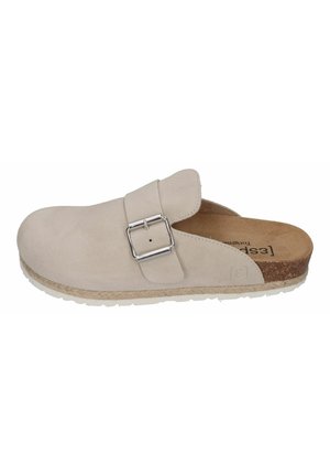 Light beige suede clogs with a wide strap and silver buckle; natural cork footbed; textured outsole with white ridges.