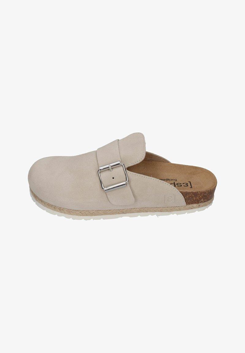 Light beige suede clogs with a wide strap and silver buckle; natural cork footbed; textured outsole with white ridges.
