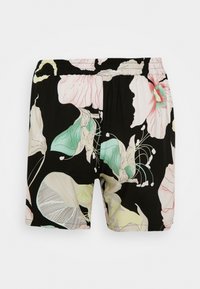 Černé šortky s květinovým vzorem, které zahrnují růžové, zelené a krémové květiny. Elastický pas; lehký materiál, hladká textura.