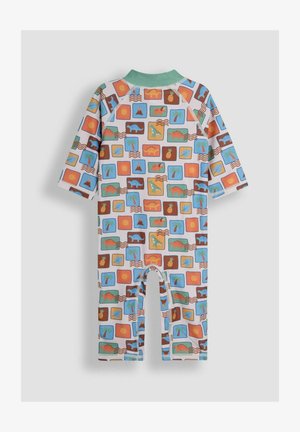 Bērnu rompers ar īsām piedurknēm elastīgā audumā, ar krāsainu ziedotu saules, dzīvnieku un augu rakstu uz gaiša fona.