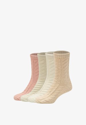 Set di tre calzini a costa lavorati a maglia in morbidi colori pastello: rosa, verde chiaro e beige. Presentano motivi a rilievo e un design di altezza media.