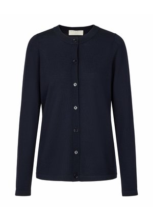 Marineblaue Strickjacke aus einem Strickstoff, mit einem runden Ausschnitt, langen Ärmeln und sechs vorderen Knöpfen in einer glatten Textur.