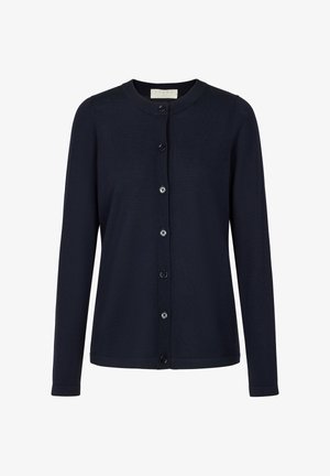 Marineblaue Strickjacke aus einem Strickstoff, mit einem runden Ausschnitt, langen Ärmeln und sechs vorderen Knöpfen in einer glatten Textur.