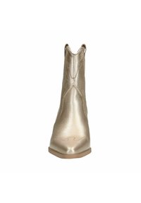 Metallic gold ankle boot with a pointed toe, textured leather, and decorative stitching along the sides. Smooth finish and low stacked heel.