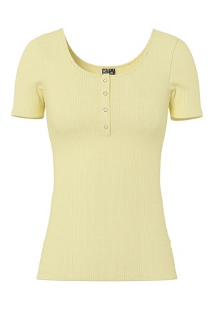 Hele kollase värvusega soonikkoeline lühikeste varrukatega top, millel on sügav kaelus ja esiküljel neli väikest hõbedast trukknõela.