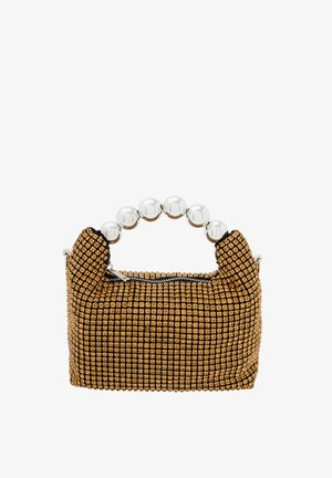 Black and gold handbag with a textured grid design, featuring a round silver handle and zip closure at the top.
