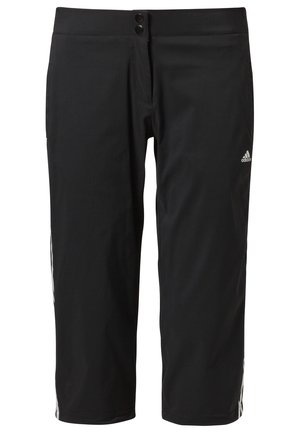 Zwarte Adidas cropped sportbroek met dubbele knoopsluiting en wit logo op de rechterdij.