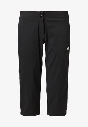Pantalones deportivos cortos negros de Adidas con cierre de doble botón y logo blanco en el muslo derecho.