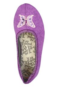 Paarse stoffen ballerina's met een vlinderontwerp versierd met pailletten. Rond teen, elastische trim en een patroon in de binnenzool.