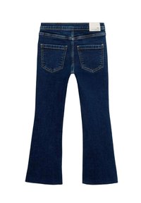 Tummansinisiä leveälahkeisia farkkuja, joissa on korkeavyötärö, kaksi takataskua ja sileä pinta, jossa on kontrastiväriset tikkauskohdat.