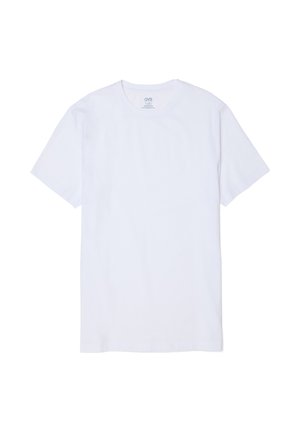 Camiseta de algodón blanca lisa de manga corta con cuello redondo, mostrada extendida sobre un fondo blanco.