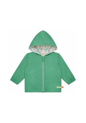 Green hooded children's jacket with front zipper and inner hood lining featuring blue waves and red paper boats pattern.