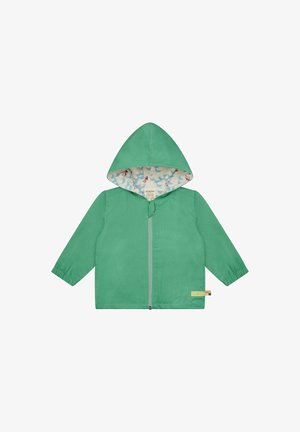 Groene kinderjas met capuchon, ritssluiting aan de voorkant en een voering in de capuchon met blauw golf- en rood papieren bootjes patroon.