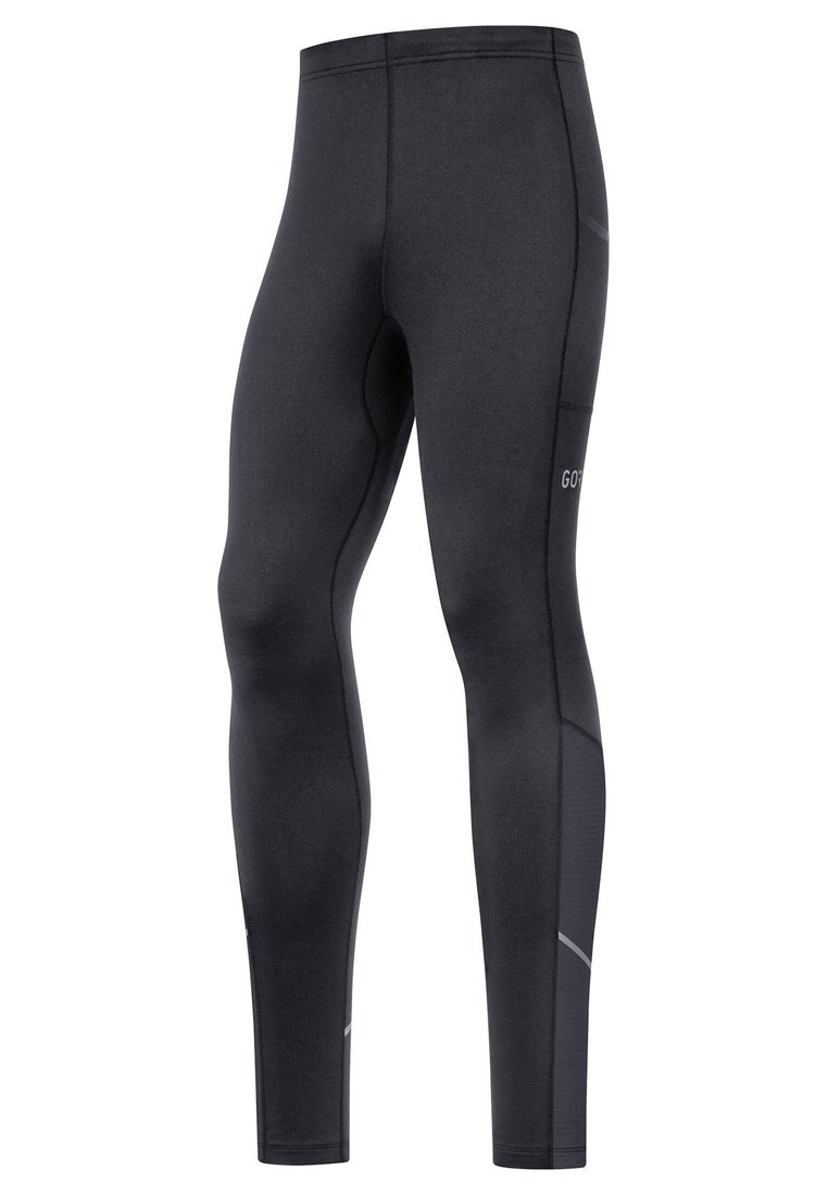 Leggings de sport noirs avec une texture lisse, une coupe ajustée, des accents réfléchissants, et un détail de poche sur le côté. Le matériau semble extensible et durable.