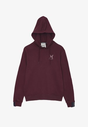 Felpa con cappuccio color bordeaux realizzata in misto cotone. Presenta un piccolo logo sul petto e polsini a coste con un accento di colore contrastante.