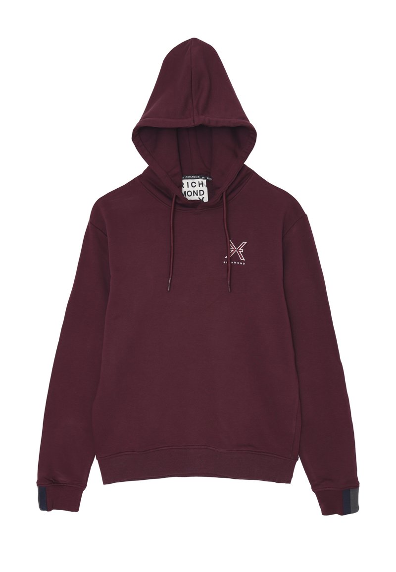Felpa con cappuccio color bordeaux realizzata in misto cotone. Presenta un piccolo logo sul petto e polsini a coste con un accento di colore contrastante.