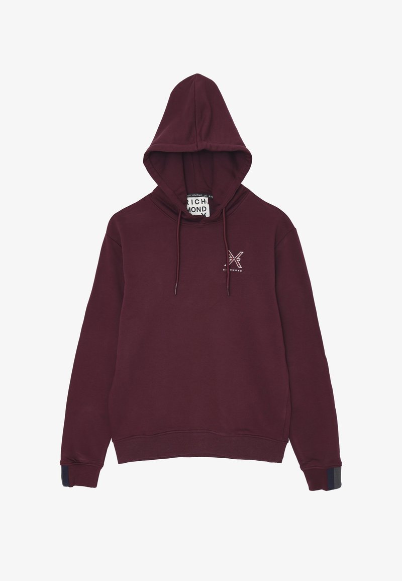 Felpa con cappuccio color bordeaux realizzata in misto cotone. Presenta un piccolo logo sul petto e polsini a coste con un accento di colore contrastante.