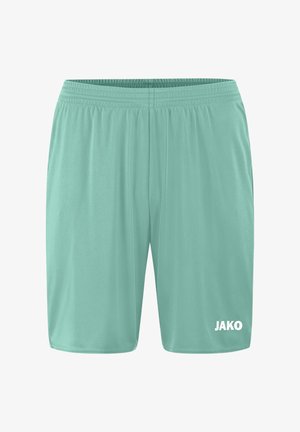 Jasnozielone spodenki sportowe z elastycznym pasem i białym logo JAKO na dolnej prawej nogawce, pokazane z przodu na białym tle.