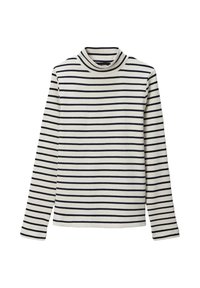 T-shirt à col roulé à manches longues en tissu côtelé, avec des rayures horizontales blanches et marines. Texture douce avec une silhouette ajustée.
