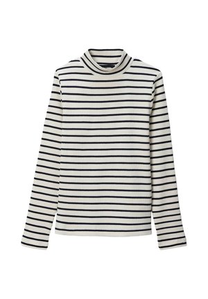T-shirt à col roulé à manches longues en tissu côtelé, avec des rayures horizontales blanches et marines. Texture douce avec une silhouette ajustée.