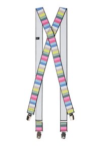 Meerkleurige gestreepte bretels van stof met metalen clips aan beide uiteinden. De strepen zijn roze, groen, blauw en grijs.