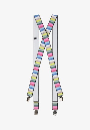 Meerkleurige gestreepte bretels van stof met metalen clips aan beide uiteinden. De strepen zijn roze, groen, blauw en grijs.