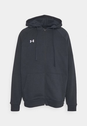 Dunkelgrauer Reißverschluss-Hoodie aus weichem Material. Verfügt über eine Kapuze, Fronttaschen und ein weißes Logo auf der linken Brustseite. Lange Ärmel.