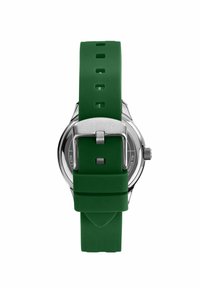 Cinturino da orologio in silicone verde con cassa in acciaio inossidabile, dotato di una fibbia argentata e di un quadrante rotondo e minimalista.
