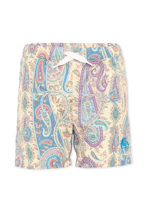 Bañador con patrones de cachemira en tonos pastel azul, rosa y verde sobre un fondo beige, con un cordón blanco en la cintura.