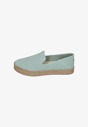 Light blue suede slip-on shoe with a woven jute midsole and a rounded toe. Smooth texture, minimalistic design, no visible hardware.