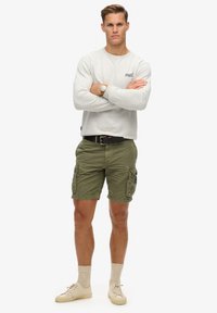 Sudadera de manga larga gris claro, pantalones cortos cargo verdes oliva con bolsillos, cinturón negro, zapatos beige y calcetines de color claro. El modelo está de pie con los brazos cruzados.