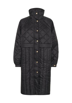 Quilted black long coat with a high collar, snap buttons, and side pockets. Features puffed sleeves and a smooth, shiny texture.