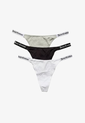 Drei Strings in Grau, Schwarz und Weiß. Jeder hat ein Markenlogo auf dem elastischen Bund. Der Stoff scheint weich mit einer glatten Textur zu sein.