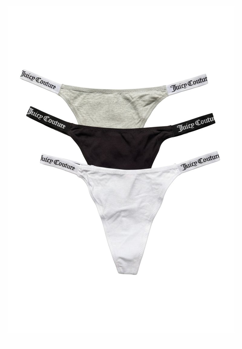 Drei Strings in Grau, Schwarz und Weiß. Jeder hat ein Markenlogo auf dem elastischen Bund. Der Stoff scheint weich mit einer glatten Textur zu sein.