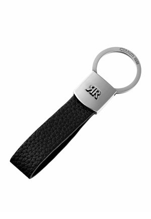 Nøglering med sort tekstureret læderløkke og rektangulært sølvmetalspænde graveret med "RR," fastgjort til en rund ring mærket "Cerruti 1881."