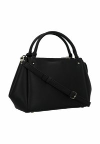 Borsa a mano nera, strutturata, con una superficie liscia, doppi manici e una tracolla staccabile. Presenta dettagli in metallo argentato e borchie.