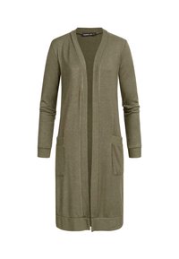 Pitkä, avonainen kardigan oliivinvihreänä. Valmistettu pehmeästä kankaasta, jossa on ribbauskainalot ja kaksi etutaskua. Minimalistinen muotoilu ilman kiinnityksiä.