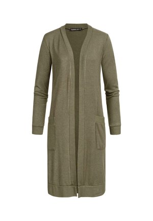 Dlouhý kardigan s otevřeným předním dílem v olivově zelené barvě. Vyroben z měkké tkaniny, má žebrované manžety a dvě přední kapsy. Minimalistický design bez zapínání.