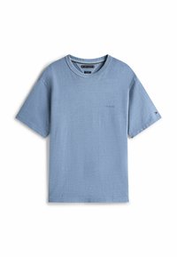 T-shirt in cotone azzurro chiaro con scollatura tondeggiante, maniche corte e un piccolo logo ricamato in una tonalità più scura sul davanti.