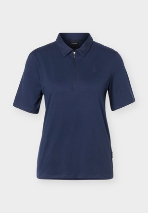 Námornícka modrá polokošeľa s krátkym rukávom, predným polozipsom a klasickým golierom, zobrazená na bielom pozadí.