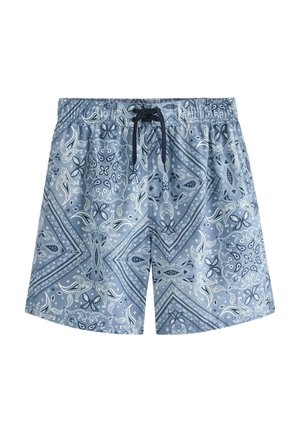 Vaaleansiniset uimashortsit, joissa on valkoisia ja tummansinisia paisleymalleja sekä musta kiristysnauha joustavassa vyötärössä.