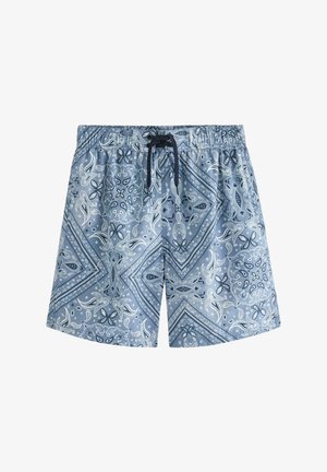 Vaaleansiniset uimashortsit, joissa on valkoisia ja tummansinisia paisleymalleja sekä musta kiristysnauha joustavassa vyötärössä.